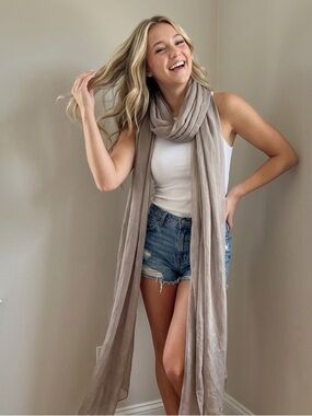 Light Taupe Long Sheer Scarf - Versatile Draped Wrap approx 7 ft long x 18 inch